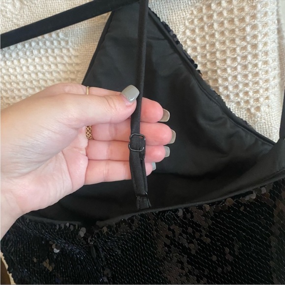 NWOT h:ours solid black sequin asymmetrical one shoulder mini dress - Picture 4 of 4